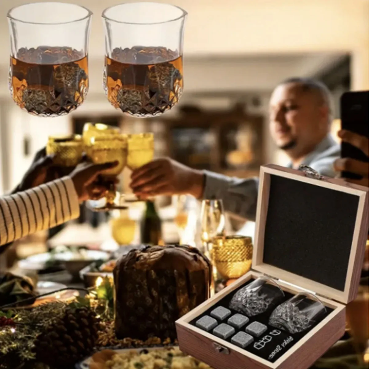 Christmas Valentine's Gift Whiskey Stones Glasses Set Granite Ice Cube For Whisky in Wooden Bottle Box Present For Dad Husband 2