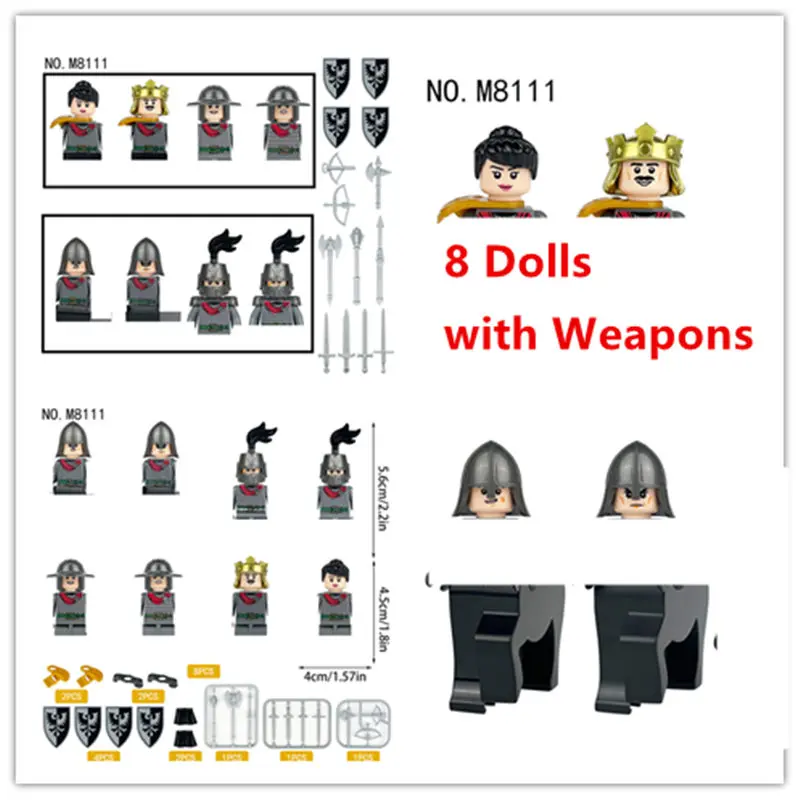 Building Blocks Toys Plastic Military Figures Action Figure Accessories 8pcs/set Medieval Warfare Roman Soldier Building Blocks Doll King and Queen knight Accessories Figures For Children Toys M8111