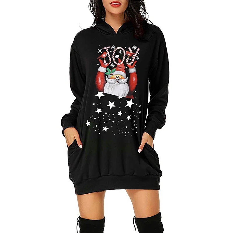 New Christmas Deer Hoodies Women Fall Winter Full Sleeve Pockets Snow Wine Cups Print Ladies Cotton Pullovers Long Sweatshirts