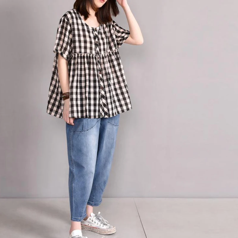 Fashion O-Neck Spliced Ruffles Loose Plaid Shirts Women's Clothing 2024 Summer New Oversized All-match Tops Commuter Blouses