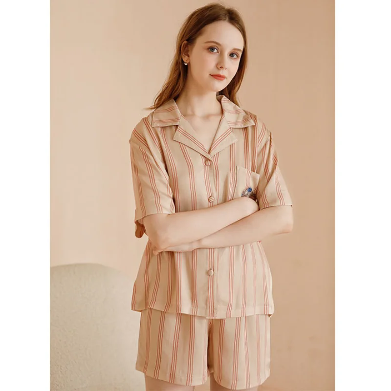 

2023 Women's Satin Pajamas Pocket Embroidery Eros Cupid Short Sleeve Home Suit Viscose Striped Sleepwear Thin Shorts Loungewear