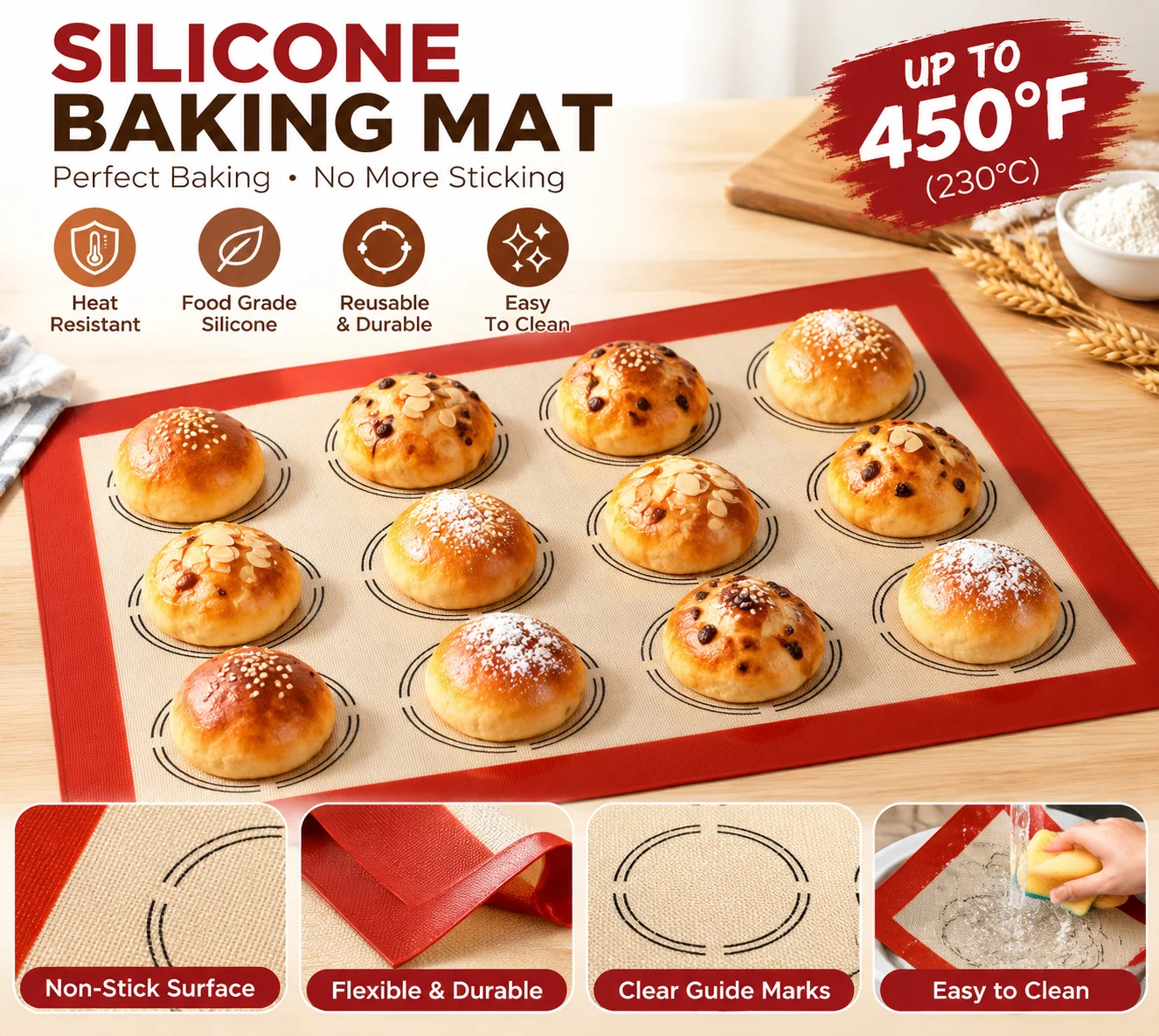 Premium Reusable Non-Stick Silicone Baking & Kneading Mat