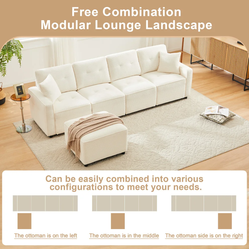 PINGGO Beige Cord-Sofa mit 4 Sitzplätzen und Aufbewahrungshocker 280x146x85cm für Wohnzimmer – Detail 5