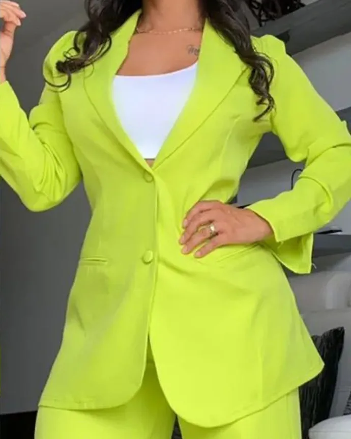 Women's Elegance Solid Color Open Sleeve Lapel Suit with Pocket Straight Trouser Suit