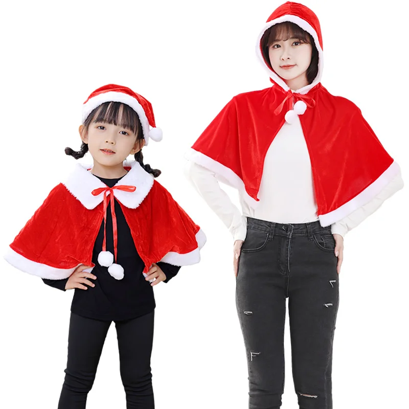 

Santa Claus Shawl Hooded Lace Up New Year Cosplay Costume Adults Kids Christmas Xmas Cloak Cape Wrap Shawl Christmas Decoration
