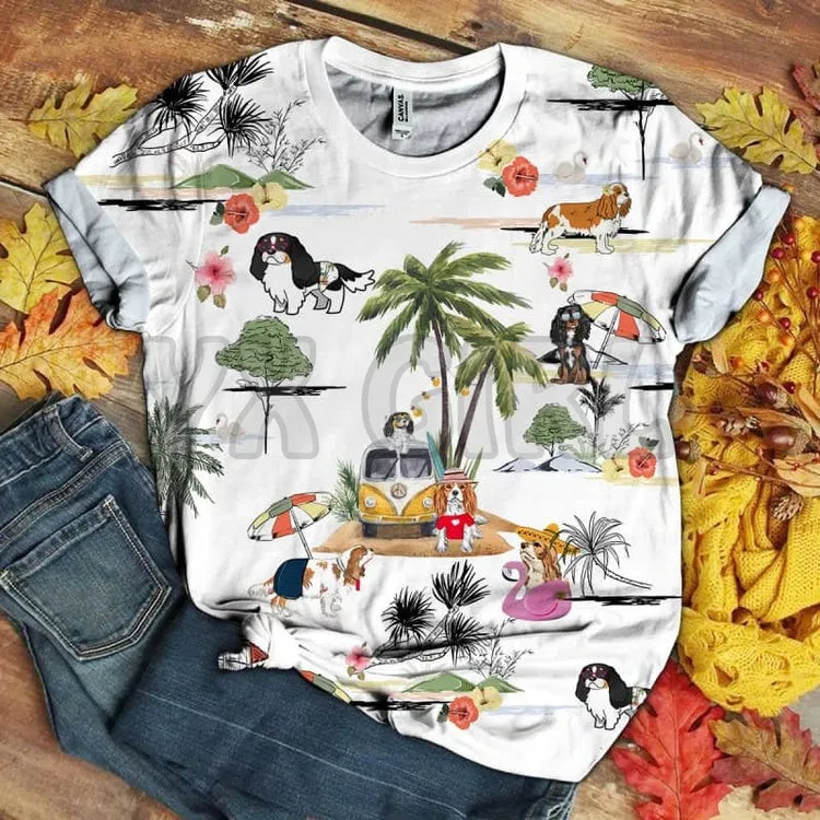 

English Toy Spaniel - Hawaii Beach Retro 3D All Over Printed T Shirts Funny Dog Tee Tops shirts Unisex Tshirt