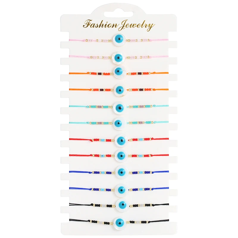12pcs/set Blue Round Beads Eye Fatima Hand Bracelet Set For Women Men Handmade Braided Rope Adjustable Bracelets Jewelry Gifts