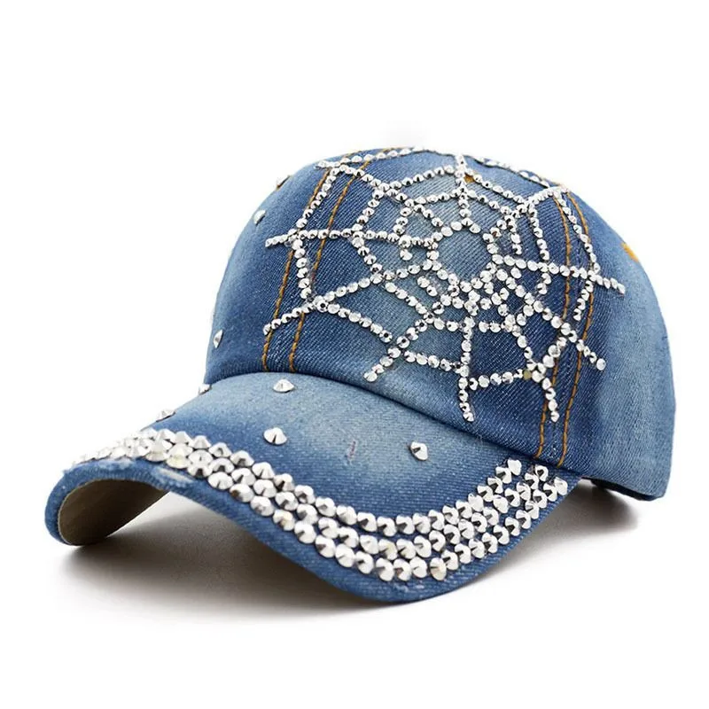 

Fashion Versatile Fashion Soft Top Cowboy Baseball Cap Casual Sun Shading Spider Web with Diamond Decoration Duck Tongue Hat