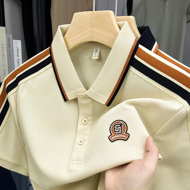 Lujosa camisa polo de hombre con hombros a rayas, informal, transpirable, de manga corta, camiseta con bordado en el pecho, ropa de negocios para hombres