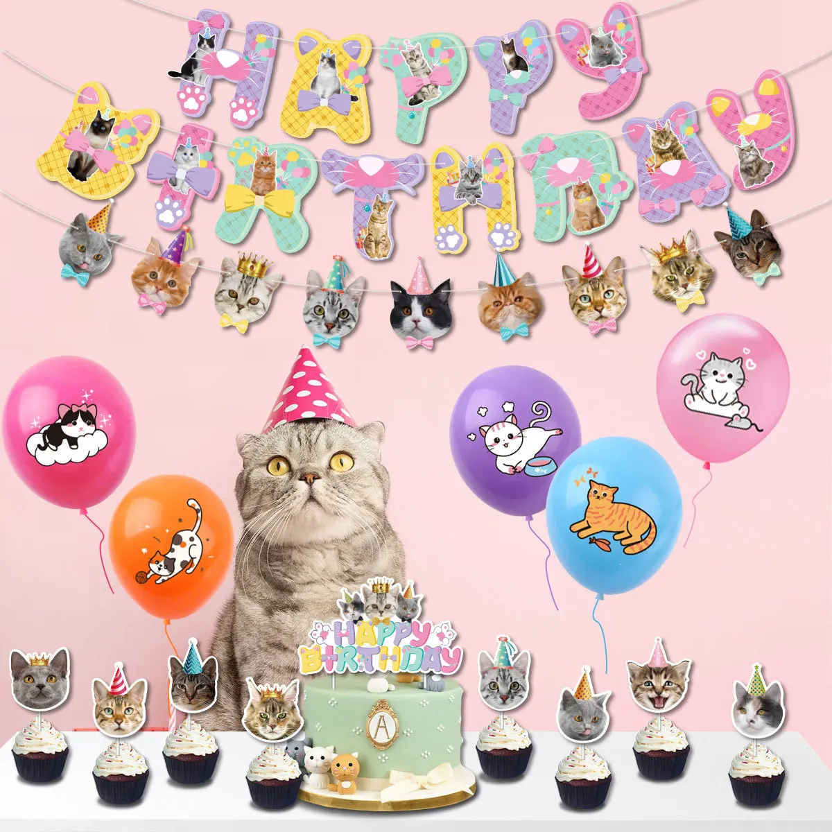 Happy Birthday Banners Set Pet Cat Flags DIY Making Summer Party Supplies Kids Womens Mens Birthday Party Decor Tools