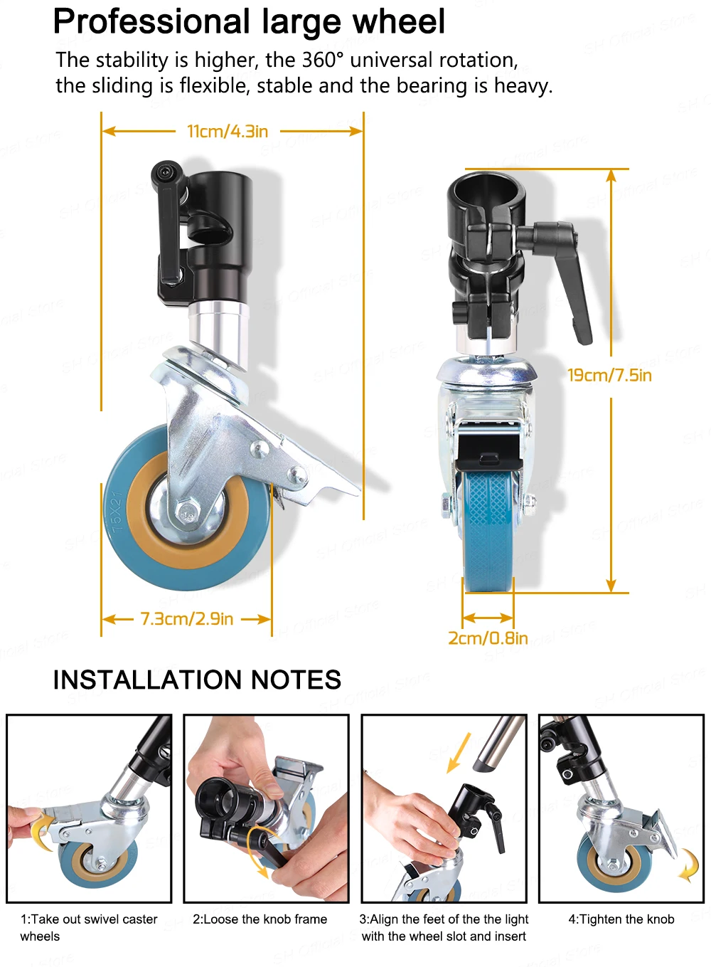 Aço inoxidável rodízio giratório conjunto de rodas,