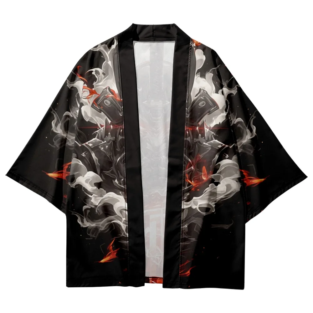 Men Cardigan Haori Japanese Anime Demon Samurai Print Kimono Harajuku Women Beach Yukata Plus Size