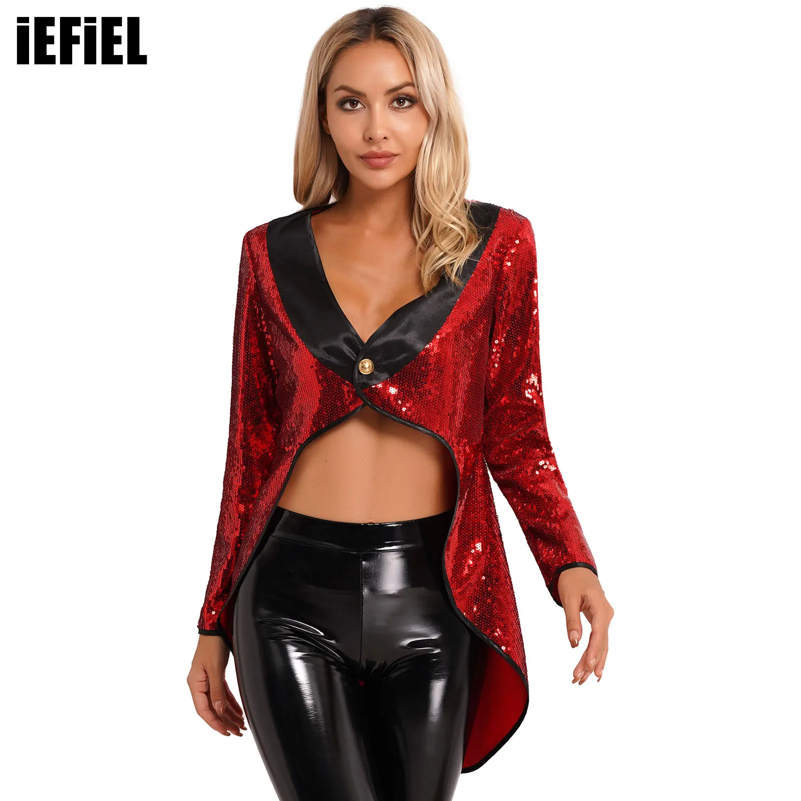 

Womens Halloween Magician Dress Circus Tailcoat Jacket Sparkle Sequin One-Button Tuxedo Outerwear Dress Up Costumes