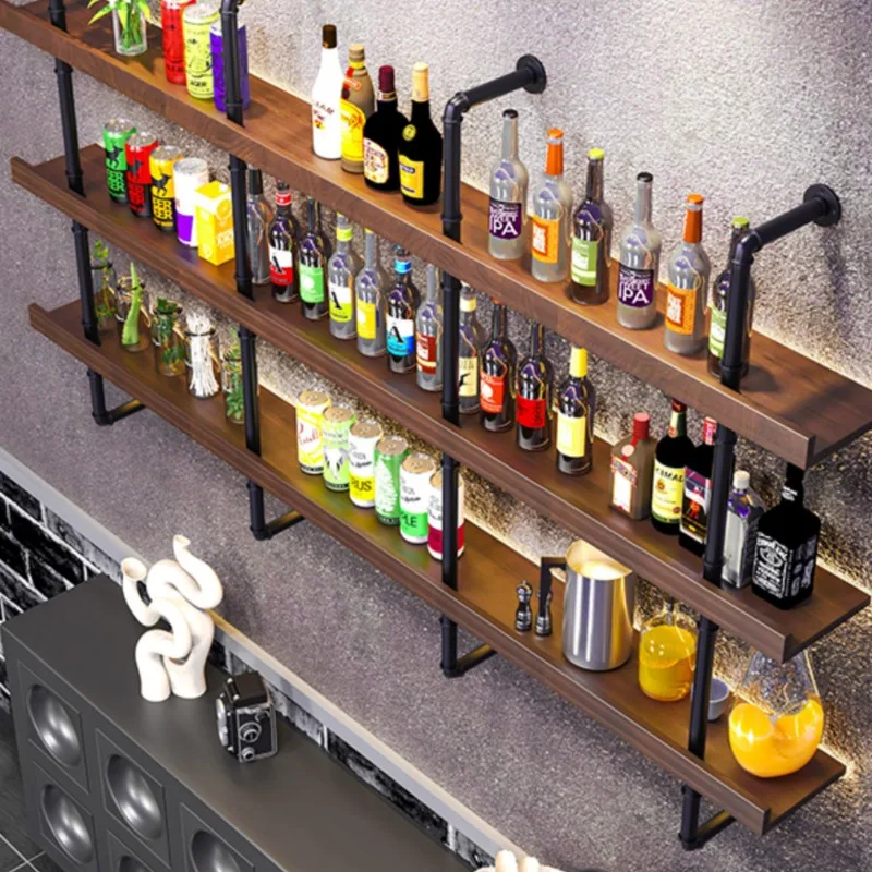 Wooden Wine Rack Industrial Wall Wrought Iron Bar Wine Display Cabinet Living Room Hotel Mini Bar Showcases Furniture with Light