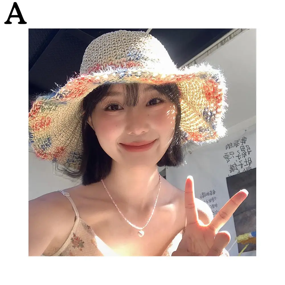 여성용 다채로운 직조 빨대 모자, 파나마 모자, 스크린 모자, 빨대 모자, 비치 브림, 여름 쉐이드 모자, B2d9