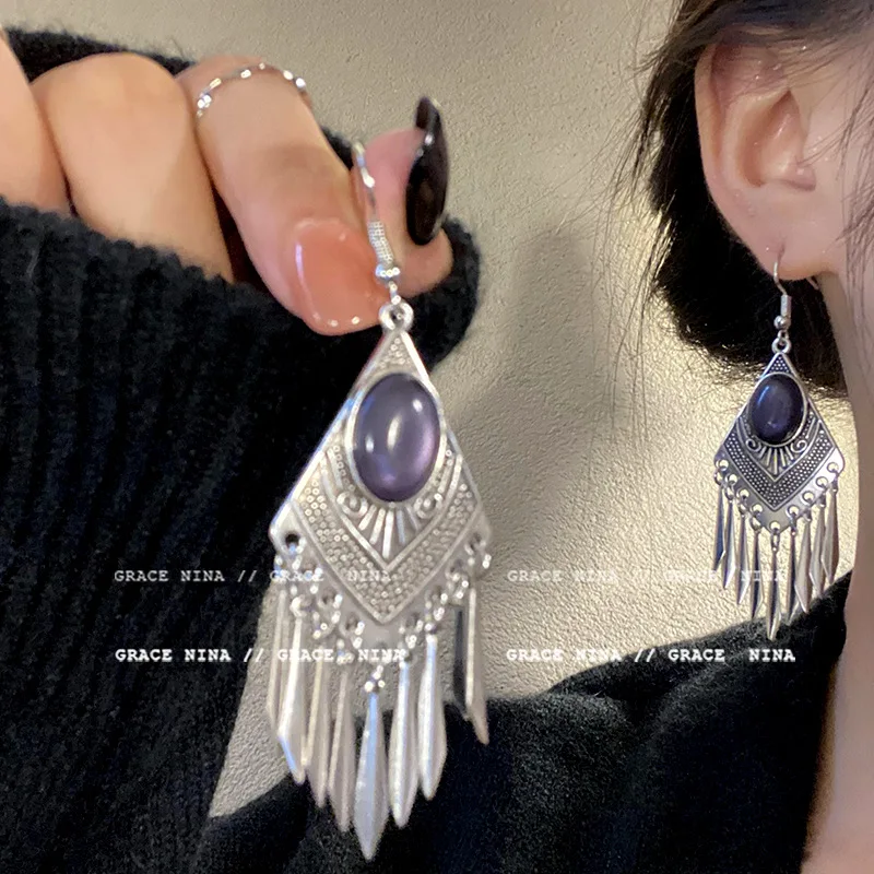 

YOUNGX Vintage Bohemian Stone Charm Long Tassel Earrings Elegant Ethnic Style Sunflower Eardrop For Women Jewelry Gift