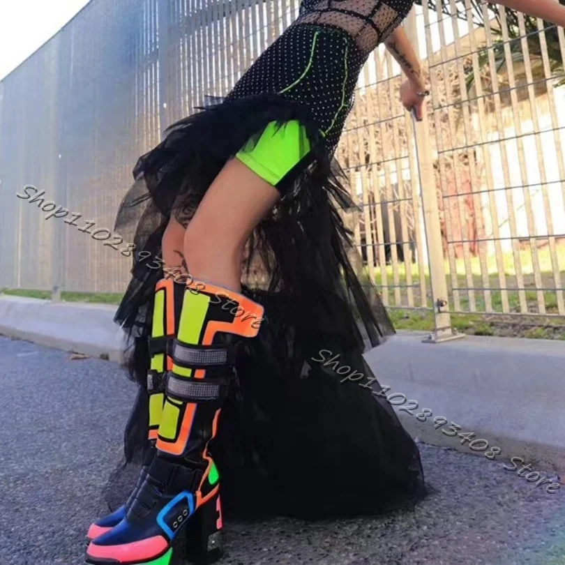 

Mixed Color Splicing Knight Boots Platform Pointed Toe Side Zipper Chunky Heels Boots Women Glitter Shoes Zapatos Para Mujere