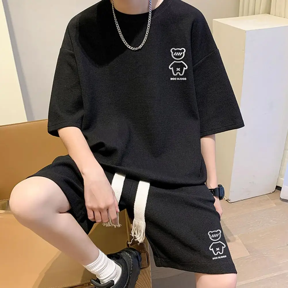 

Top Shorts Suit Drawstring Elastic Waist Two Piece Suit Breathable Men T-shirt Shorts Set Men Summer Tracksuit Daily Wear