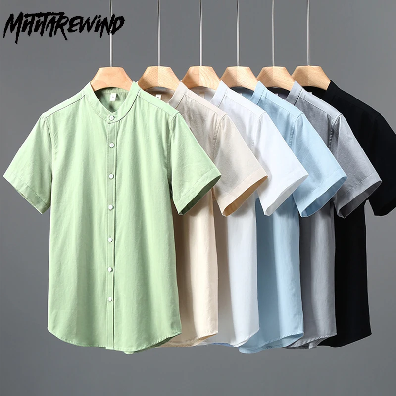 

Summer Fresh Mens Short Sleeve Shirts Daily Basic Shirt Pure Cotton Stand Collar Shirt Simple Men Tops Causal Camisa Hombre