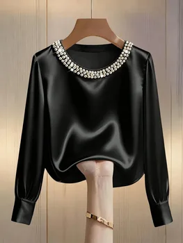 Spring and summer French high-end pearl round neck satin shirt top for women 1