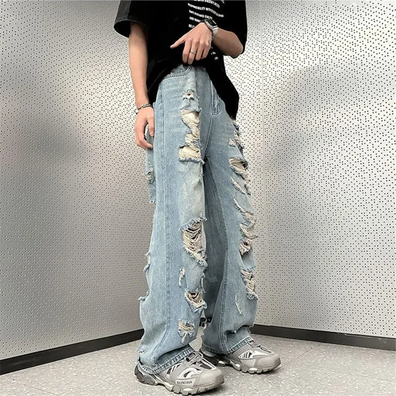 

2024 Summer High Street Ripped Jeans Men's Clothing Solid Color Wide Leg Pants Summer Fashion Button Pocket Loose Pants