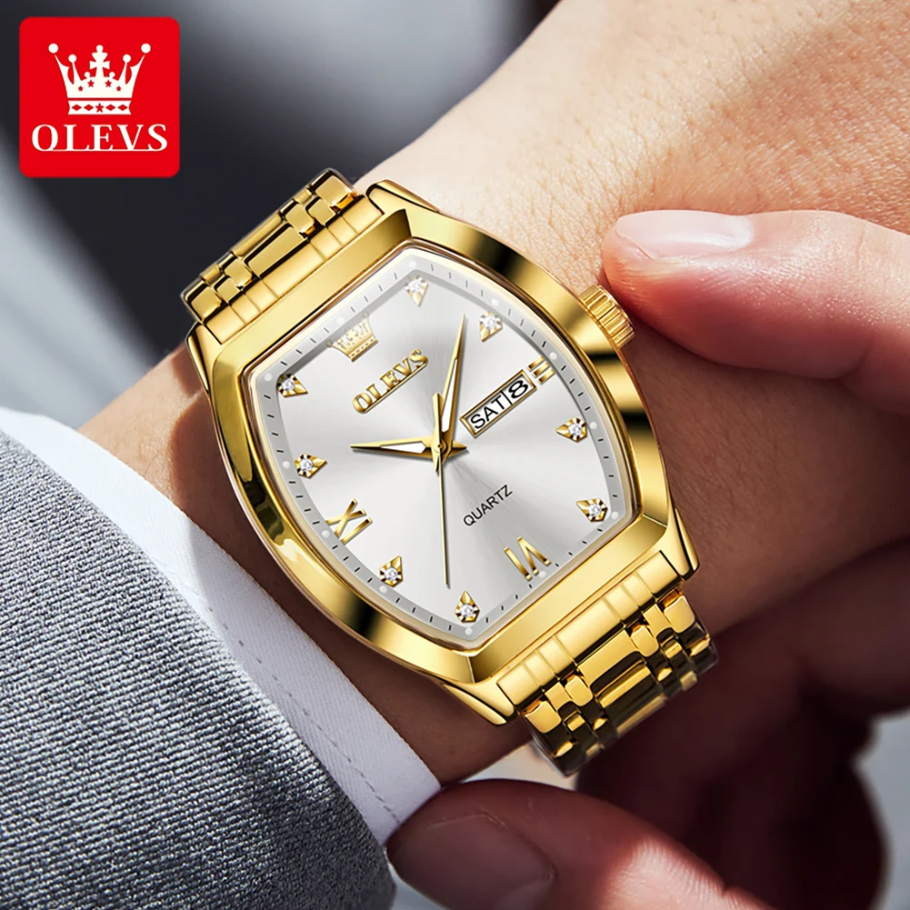 OLEVS Quartz Watch for Men Luxury Diamond Elegant Stainless Steel Waterproof Luminous TOP Brand Tonneau Dial Mens Wristwatch