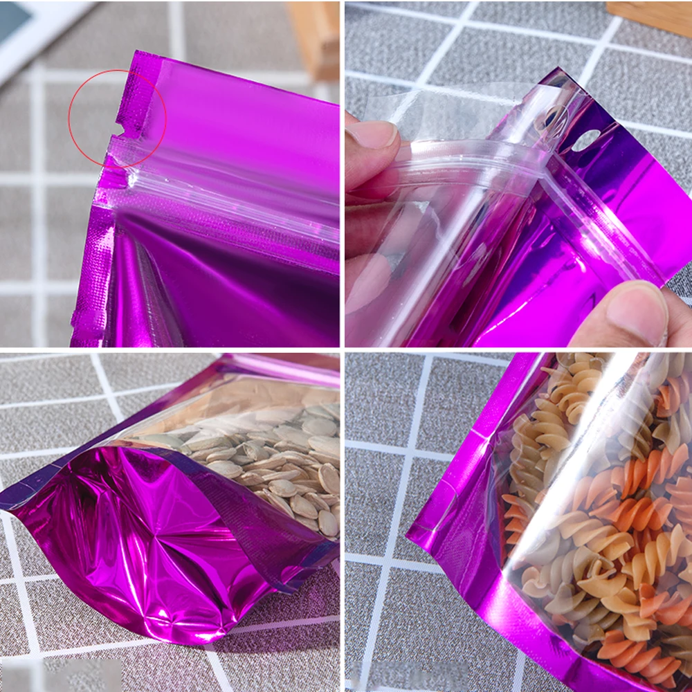 Doypack-bolsa de plástico transparente para embalaje de alimentos, bolsa de pie con orificio para colgar, cierre de cremallera, sello de agarre, muesca de desgarro, 100 piezas