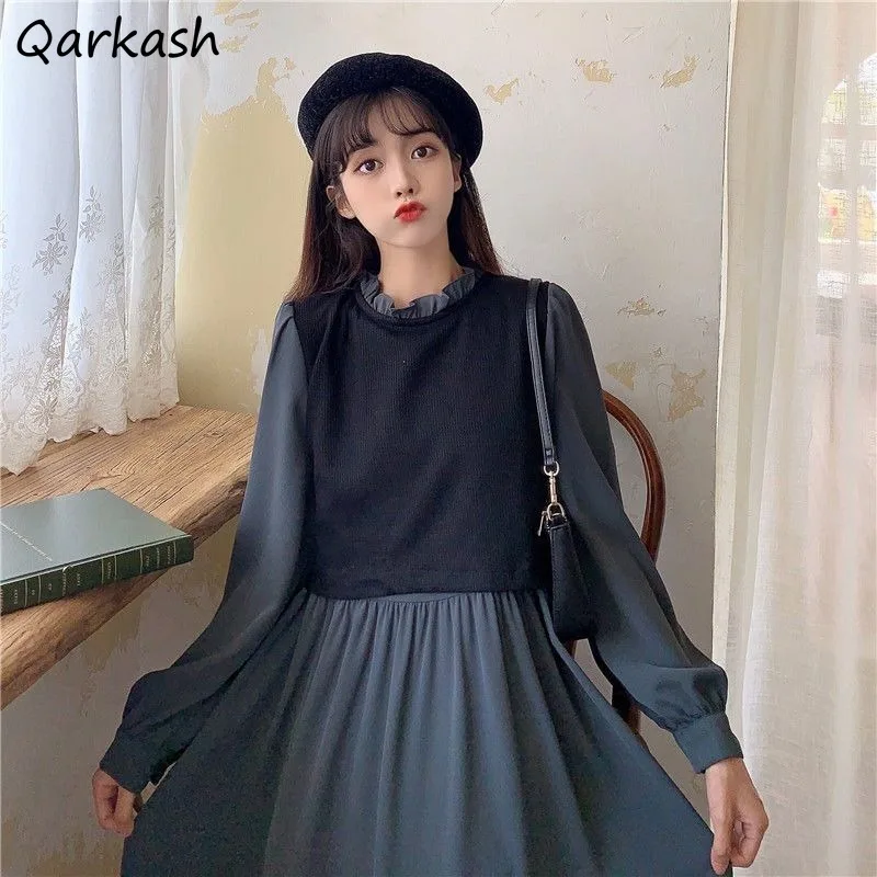 

Fake 2pecs Dresses Women Patchwork Defined Waist Lace-up Elegant Students Preppy Vintage Design Midi New Lantern Sleeve Lovely