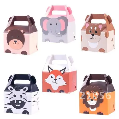 

5pcs Jungle Party Favors Gift Box Bag Cartoon Bear Fox Lion Candy Bag For Wild One Birthday Party Decor Baby Shower Candy Boxes