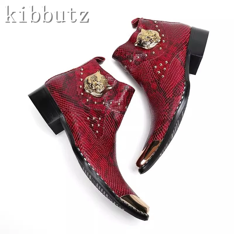 Luxury Genuine Leather Rivet Men's Ankle Boots British Square Toe Oxfords Brand Banquet Dress Business Formal Boots