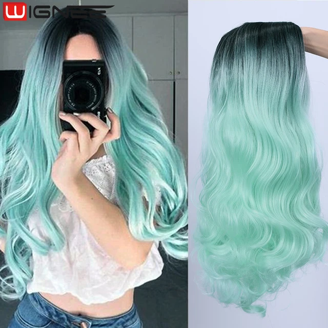 WIGNEE Bluish Light Blue Wig Synthetic Ombre Long Wavy Body Wave Side Part Heat Resistant Natural Hair Wigs For Women Cosplay 1B Mint Green