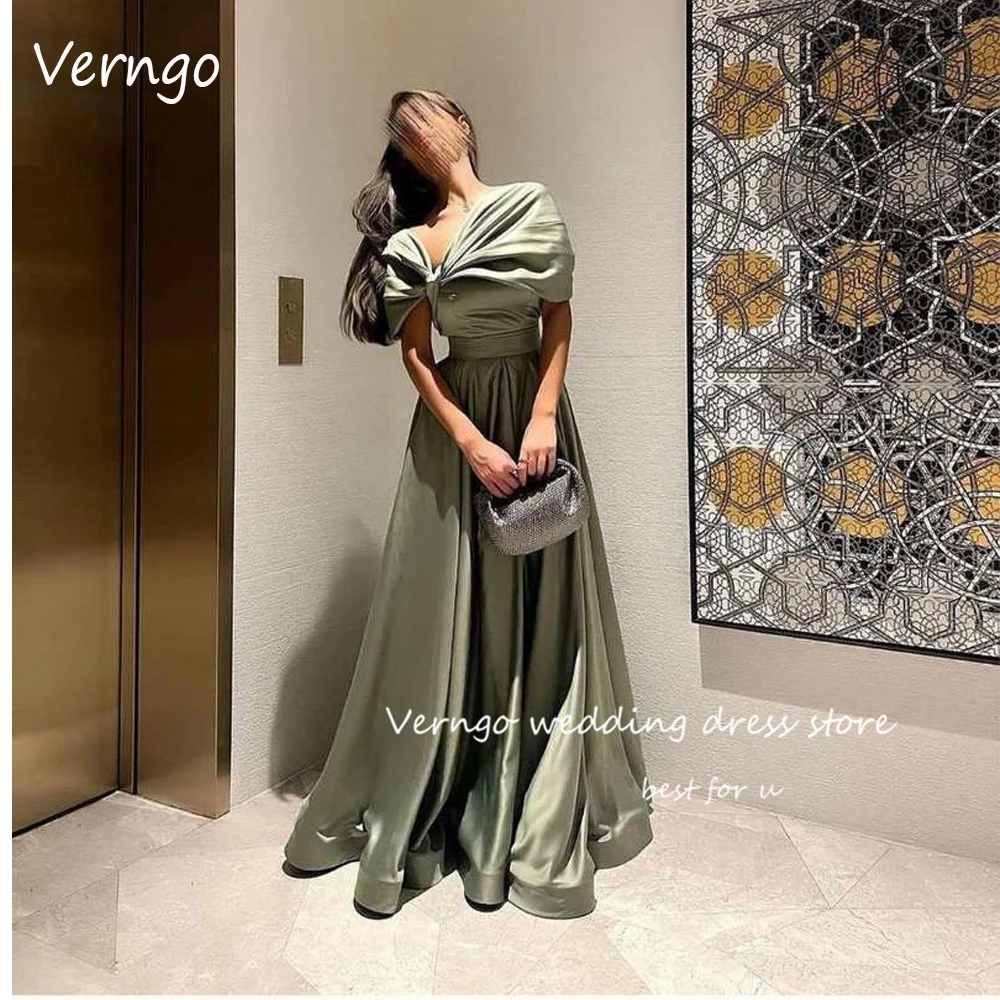 

Verngo Saudi Arabic A Line Satin Long Evening Dresses Short Sleeves Floor Length Vintage Prom Dress Formal Party Occasion Dress