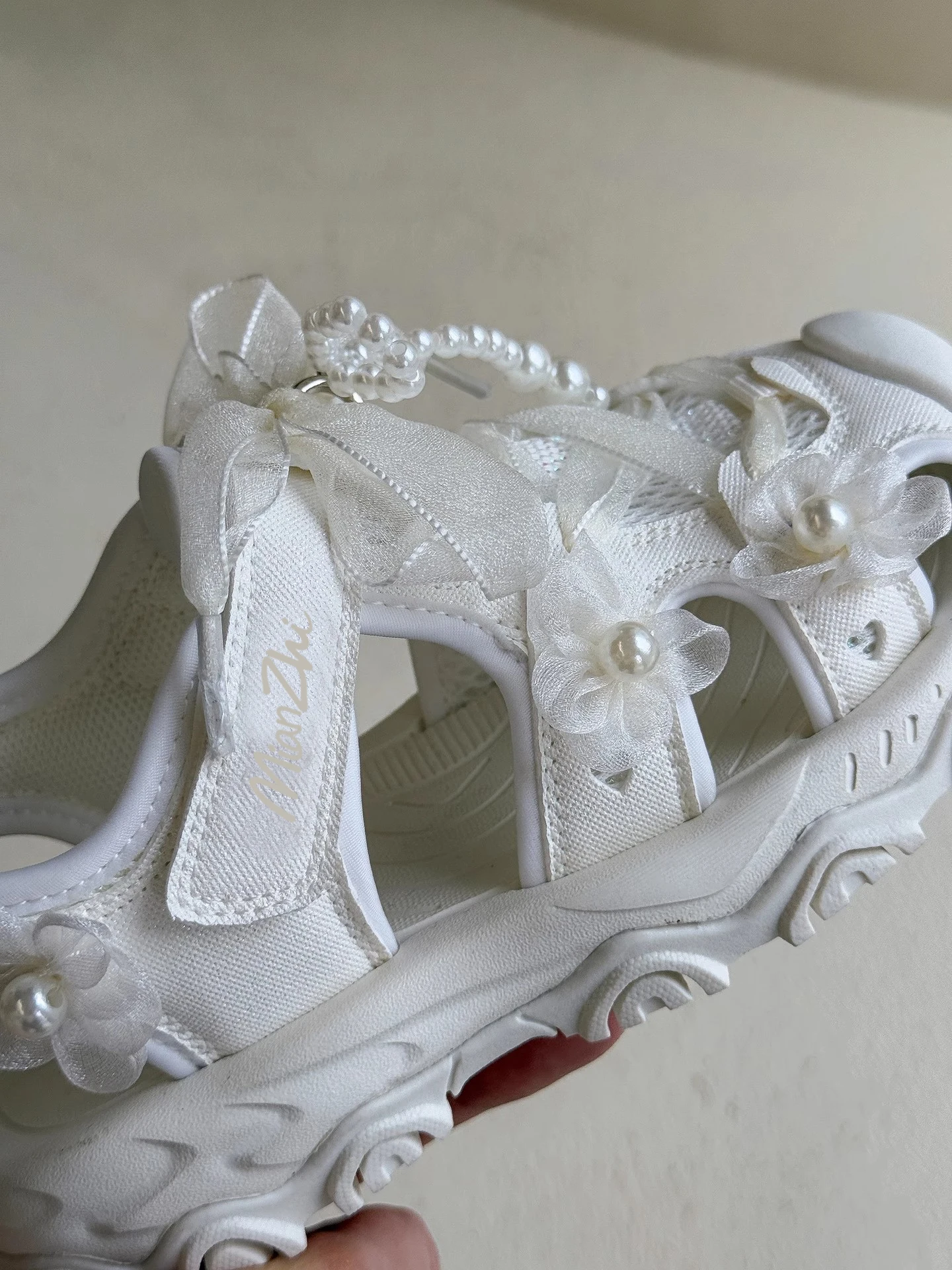 Girls Summer Non Slip Sandals Beige Silver Beading Bow