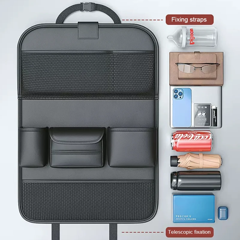 Premium PU Leather Car Seat Back Storage Bag with Tray