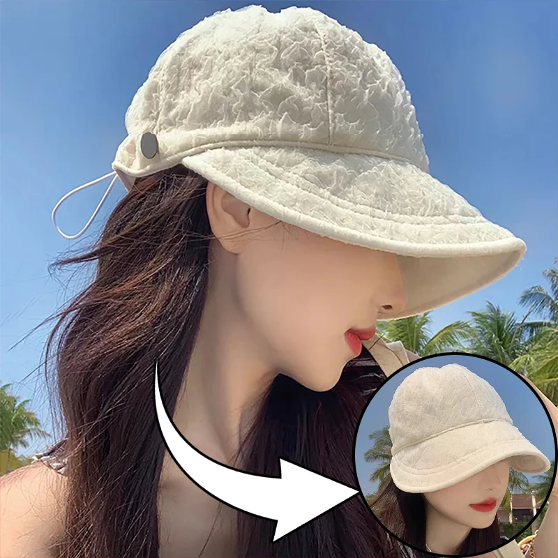 

Summer Lace Flower Caps Women Empty Top Ponytail Wide Brim Seersucker Bucket Caps Summer Foldable Casual Fisherman Sunhats