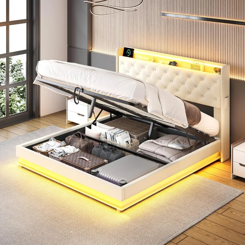

Full Size Lift Up Storage Bed Frame with Charging Station & Led Lights, Upholstered Platform Bed with Wingback Storage Headboard