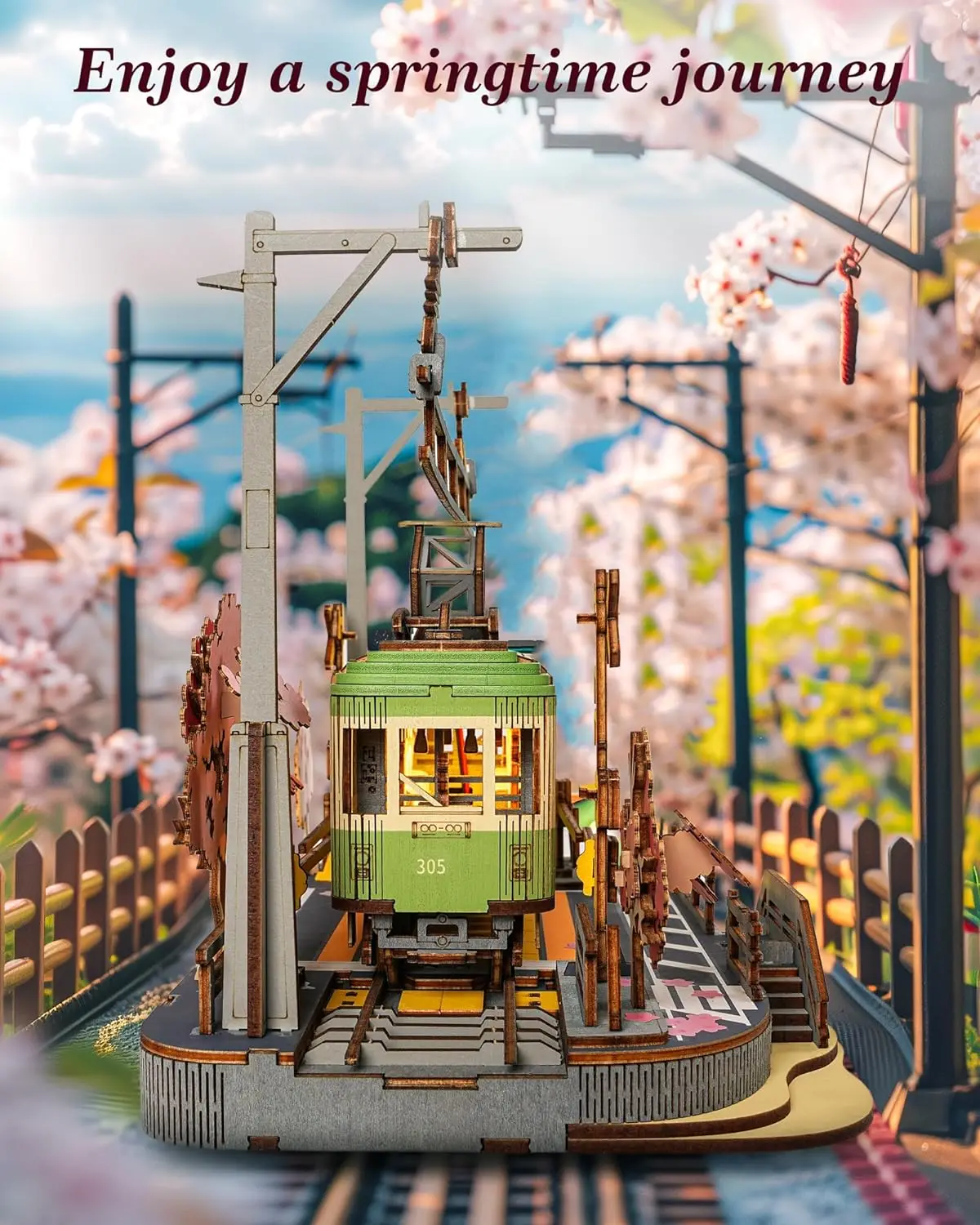 Robotime 3D Puzzles Sakura Journey DIY Model Building Toy with LED Light Wooden Craft Kits Tram Hobby for Kids Brain Teaser Gift 2