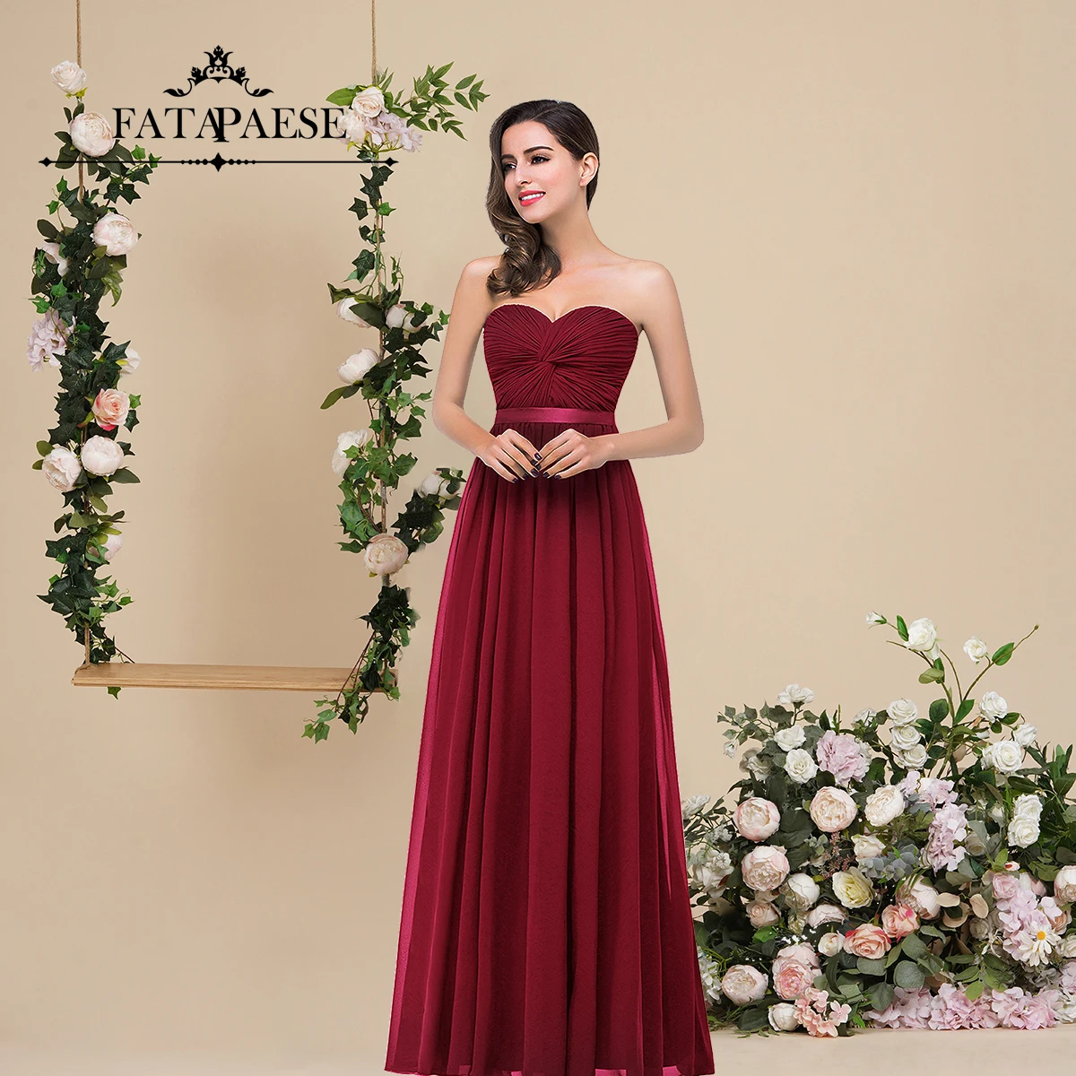 

FATAPAESE Bridesmaid Strapless Sweetheart Neckline and Twisted Front Bodice A Thin Waist Band with A-line Silhouette Wedding