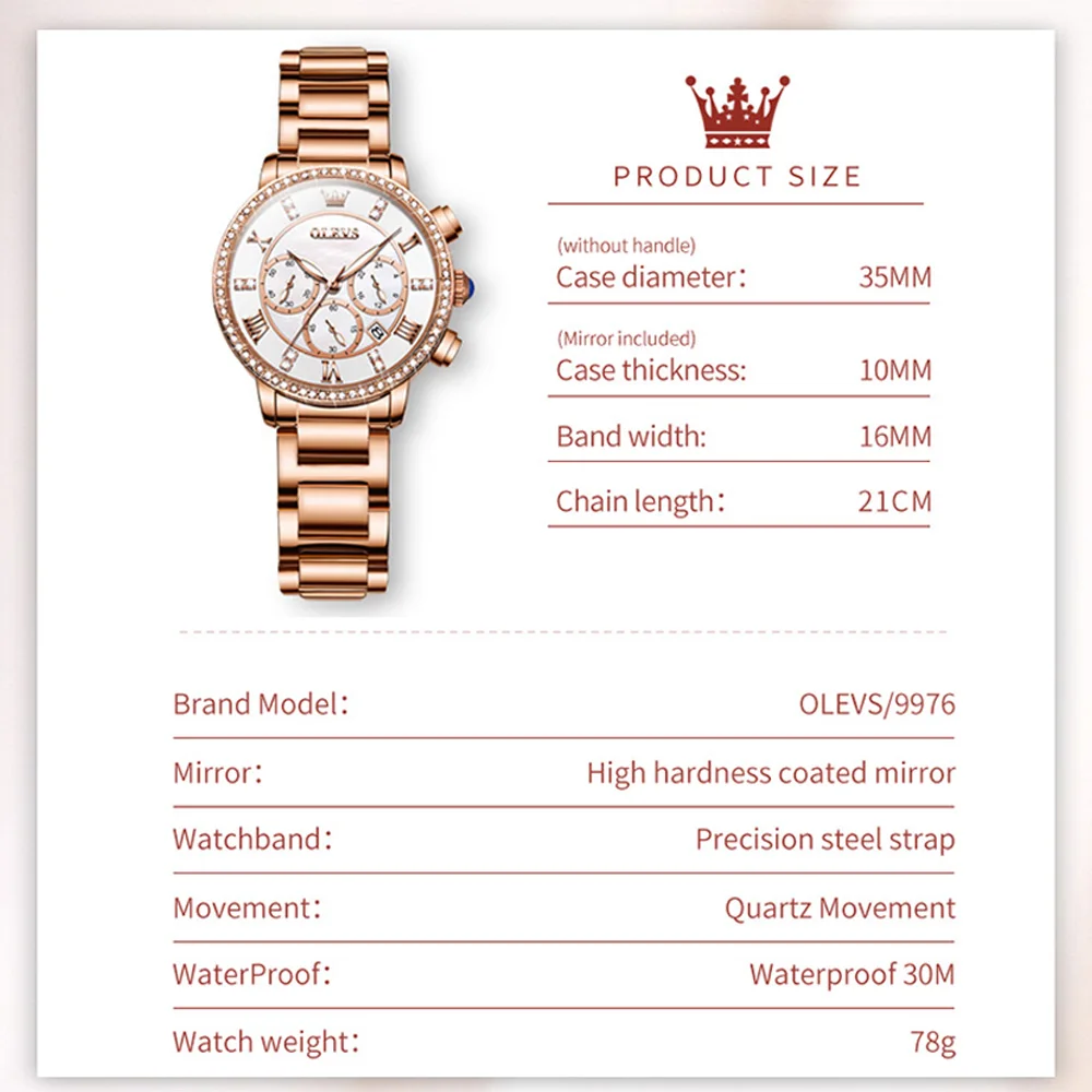 OLEVS New Quartz Watch for Women Luxury Rose Stainless Steel Women's Watches Elegant Ladies Luminous Waterproof Wristwatch Reloj