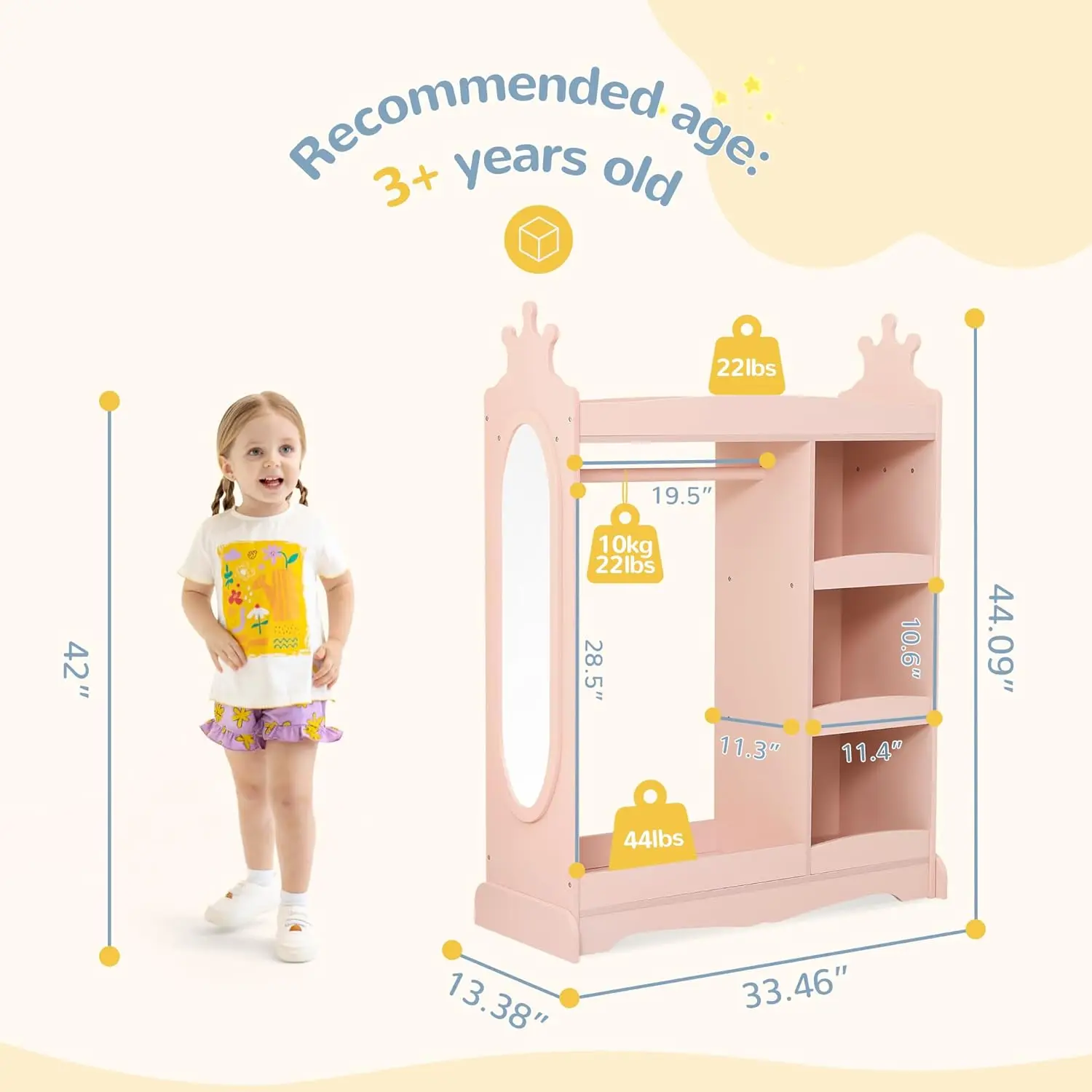 Dress up Storage with Mirror, Kids Wardrobe with 3 Hooks, Kids Closet for Girls Boys, Armoire Costume Organizer for Be
