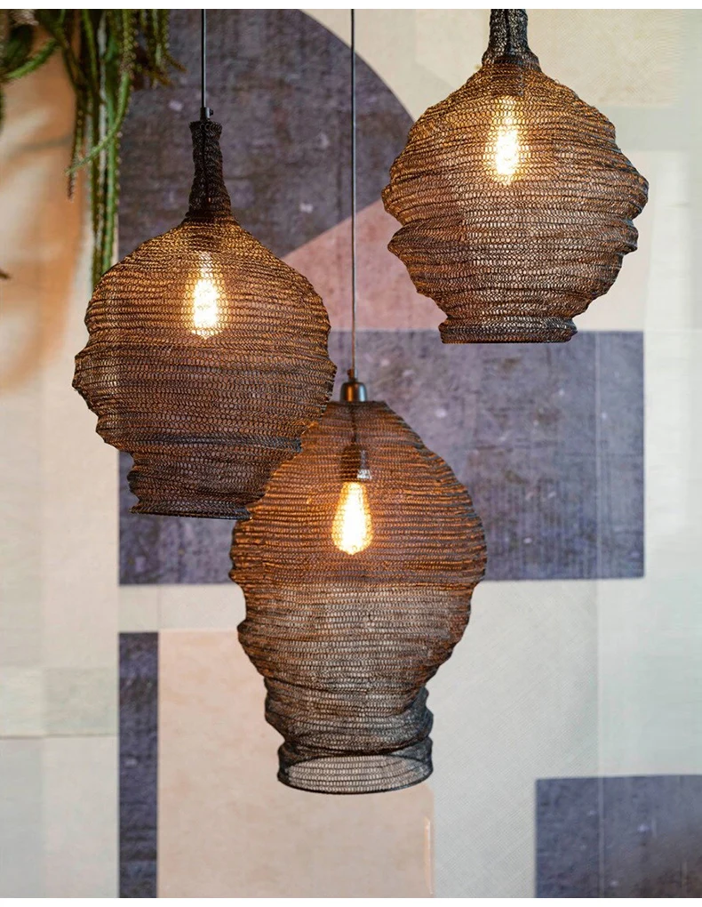 Vintage Mesh Pendelleuchte Wabi Sabi Restaurant Pendelleuchte für Wohnzimmer Küche Loft Dekor Designer unregelmäßige Hängelampe – Detail 2