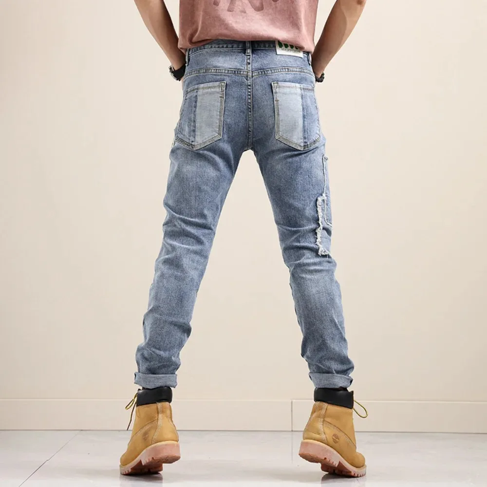 Jeans Men Fashion Splicing Streetwear Male Wear Ripped Hole Skinny Jeans Denim Trousers Cargo Pants y2k Streetwear Mens Trousers