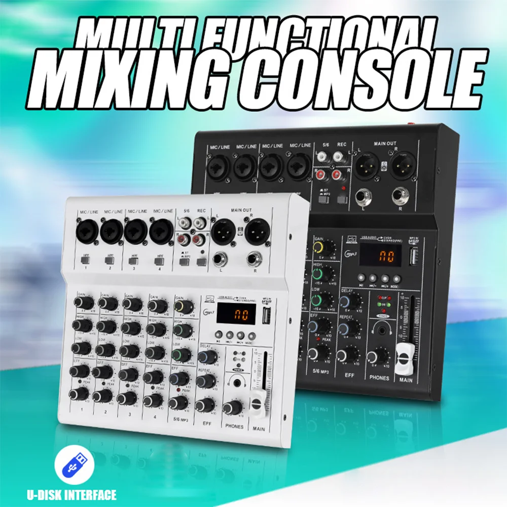 4 6 channels Audio mixer DJ karaoke Mixing Console USB Interface Sound Card BT 48V PC MP3 DJ Recording audio mixer audio interface