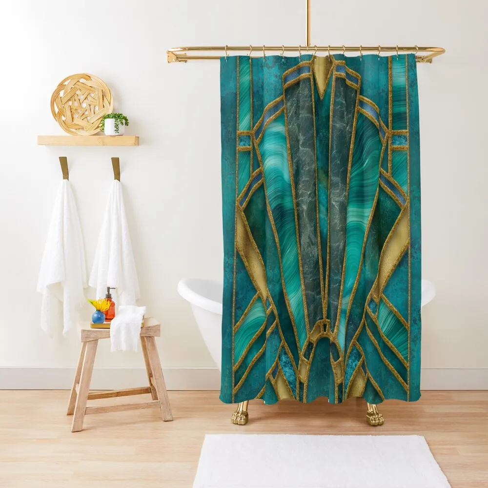 

Elegant Stained Glass Art Deco Window With Marble And Gemstone Shower Curtain Luxury Bathroom Shower Curtain