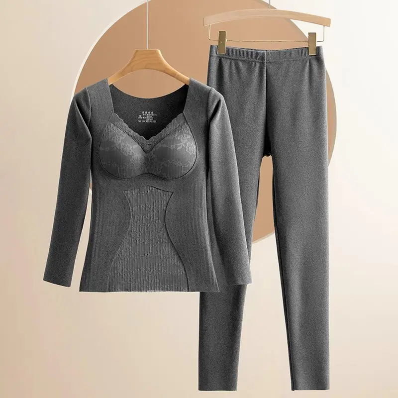 Winter Women Fashion 2 Piece Sets Female Plus Velvet Slim Warm Tops + Long Trousers Ladies Thermal Underwear Suits H618