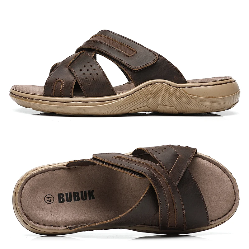 Bubuk Retro Genuine Leather Sandals, Made from Top-Layer Cowhide and Hand-Stitched, Versatile Men's Fashion Slippers for Business and Casual Wear