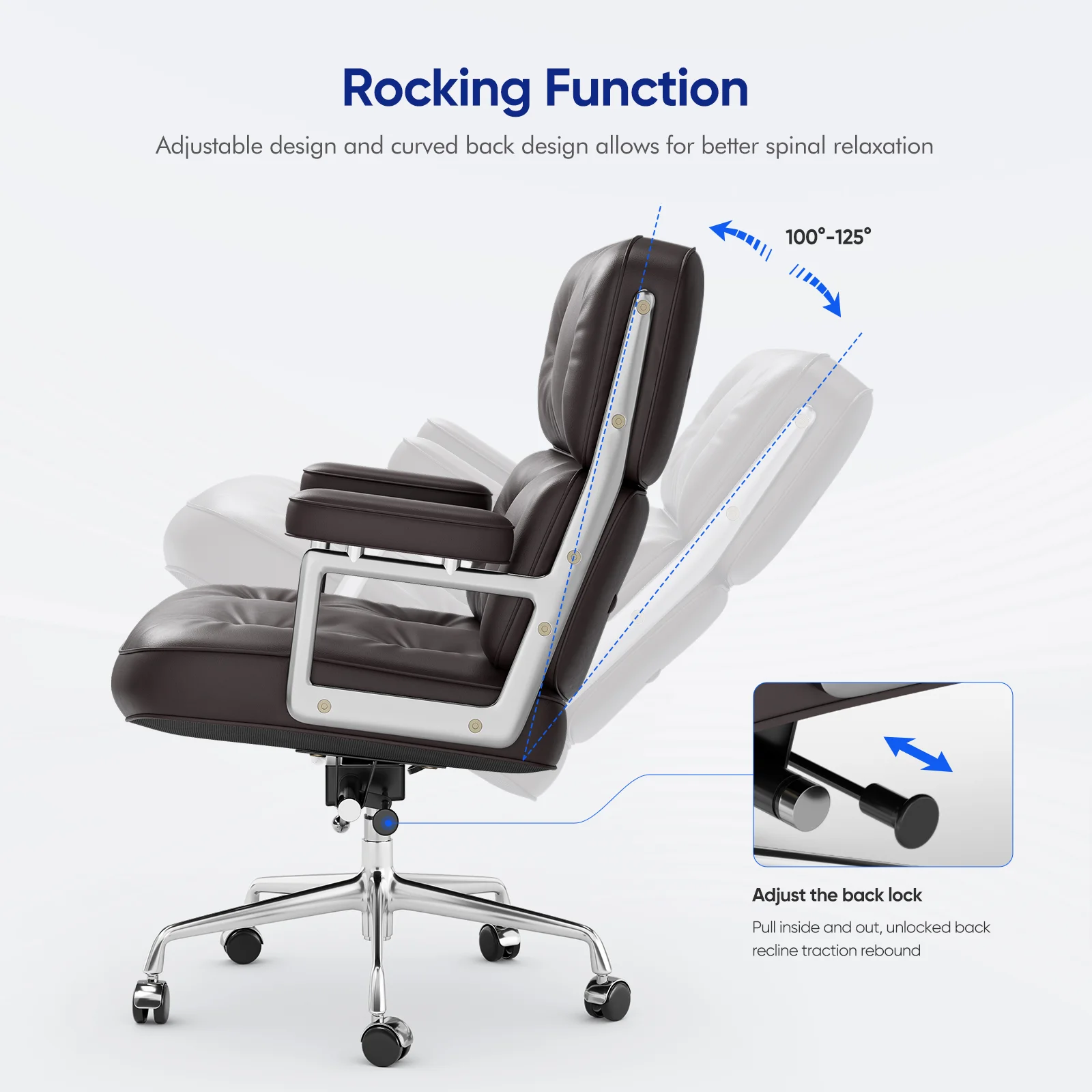 Padded Ergonomic Office Chair Genuine Leather with Aluminum Arms and Wheels for Support Rolling Swivel Executive Office Chair 4