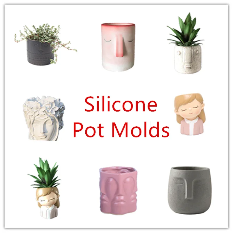 Silicone Molds for Concrete Planter Various Face Vase Man Head 3D Girl Flower Pot Clay Mould Plaster Resin Craft Making silicone mold