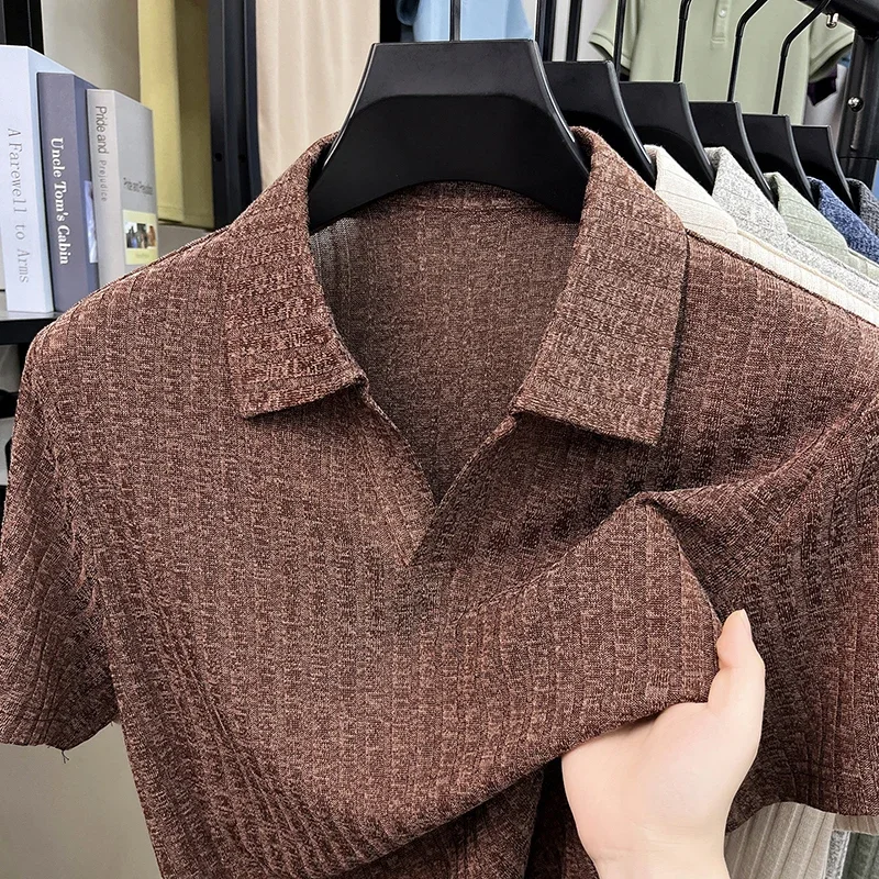 Herren Vertikal Gestreiftes Strick-Poloshirt Kurzarm Gerippte Textur Atmungsaktiv Bequem Sommer Casual Business Oberteil