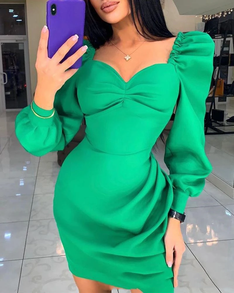 

Green Bubble Sleeve Pleated Dress Women S
